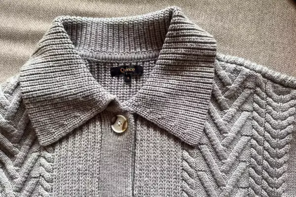 A close up of the Quince Australian Merino Wool Collared Cable Cardigan
