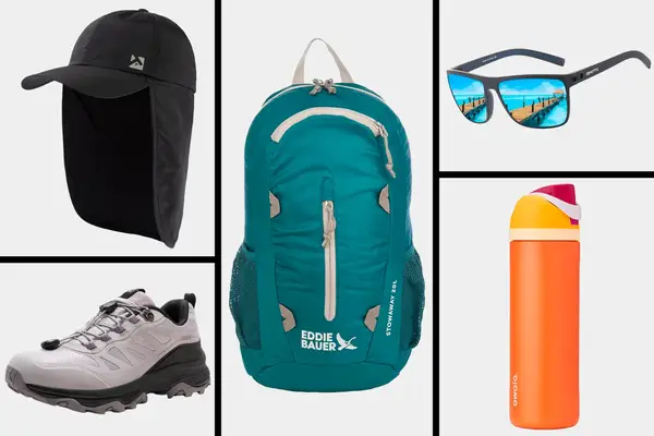 TOP-EX UV50+ Waterproof Neck Flap Baseball Sun Cap, Eddie Bauer Stowaway Packable Backpack, ZENOTTIC Polarized Sunglasses, NORTIV 8 and Owala FreeSip on a grid background