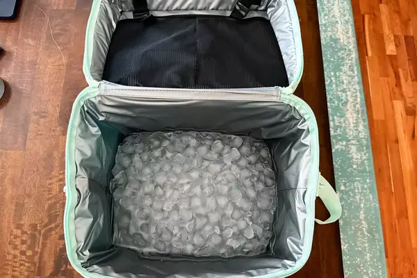 Ice inside the open RTIC 6-Can Everyday Cooler