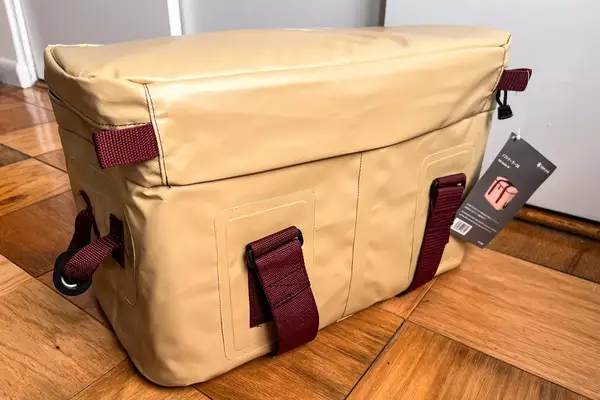 The back of the Snow Peak Soft Cooler 38 with the tags on