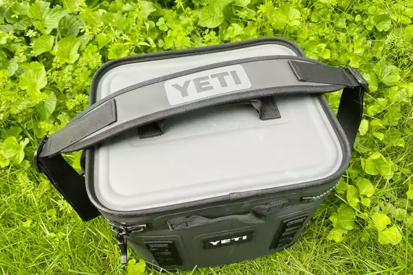 A Yeti Hopper Flip 12 Soft Cooler sits outdoors in foliage