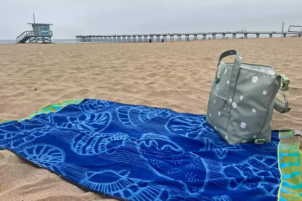 The Calpak Insulated Soft-sided Cooler sits on a beach blanket on the beach