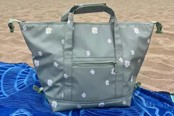The Calpak Insulated Soft-sided Cooler sits on a beach blanket in the sand