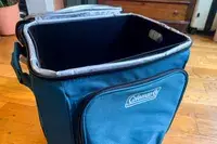 The brand name and logo on the front of the Coleman Chiller 42-Can Soft-Sided Portable Cooler with Wheels