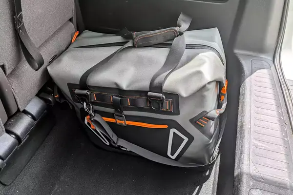 The Engel HD30 Heavy-Duty Soft-Sided Cooler Bag in the back of a car