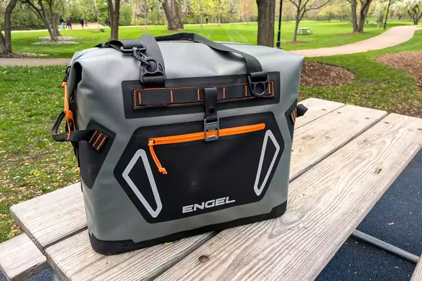 The Engel HD30 Heavy-Duty Soft-Sided Cooler Bag on a wooden table
