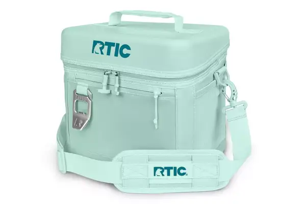 The Stanley The All Day Julienne Max 30-Can Cooler open showing the gingham liner