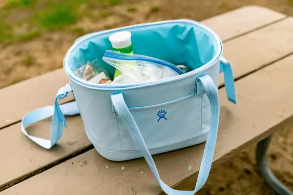 The Hydro Flask 20L Carry Out Soft Cooler Travel Bag filled with ice and snacks