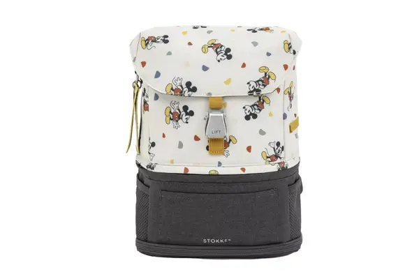 A person places the Stubble & Co. The Everyday Backpack into an overhead compartment