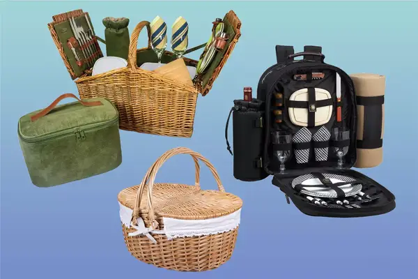 Williams Sonoma Sage Picnic Basket, Arlmont & Co. Polyester Picnic Backpack, Rurality Wicker Picnic Basket With Lid and Handle on a blue gradient background