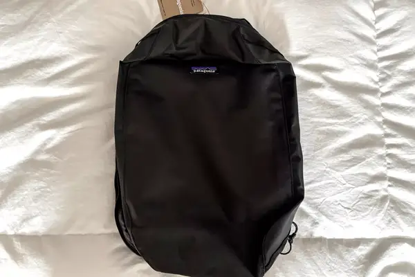 The Patagonia Black Hole Cube, Large 14L on a white surface