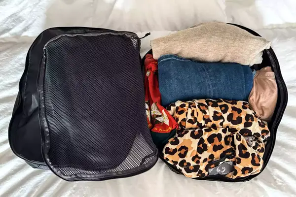 An opened filled Patagonia Black Hole Cube, Large 14L on a white surface