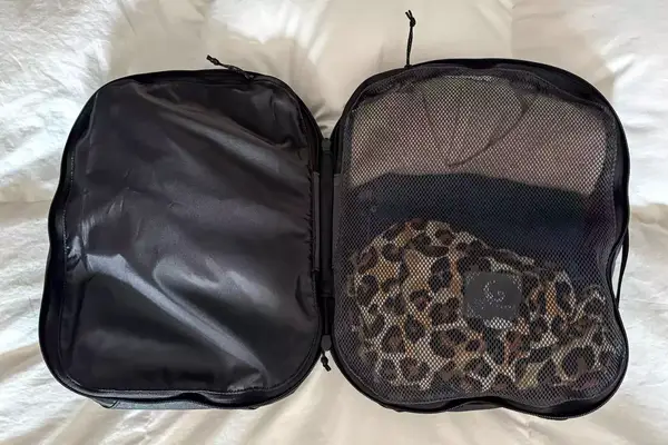 An overhead view of a filled Patagonia Black Hole Cube, Large 14L on a white surface