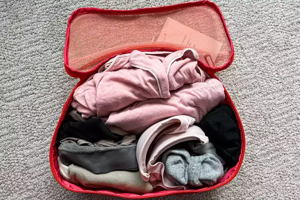 A close-up of a filled Cram Packing Cube