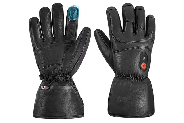 A person holds up a water bottle while wearing the Gerbing 7V Hard Knuckle Battery Heated Gloves