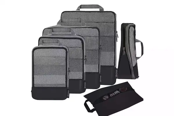 BAGAIL 4 Set/6 Set/8 Set Compression Packing Cubes Travel Accessories Expandable Packing Organizers(Black HalfMesh 6 Set)