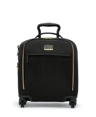 A compact carry-on suitcase with a handle and wheels