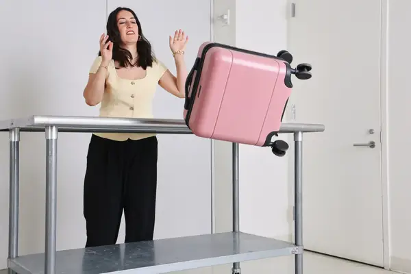 A person throws the Calpak Hue Mini Carry-on Luggage off of a metal table