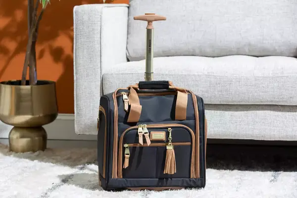 A person places the Kenneth Cole Reaction Chelsea Luggage Expandable Underseater Spinner into an overhead compartment