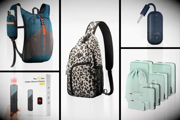 A collage of travel products including FIORETTO 15L Hiking Backpack, abyliee Upgraded Hidden Camera Detector, Pritent Crossbody Bags, Twelve South AirFly Pro 2 Bluetooth 5.0 Transmitter/Receiver, Velaybor 8 Set Compression Packing Cubes