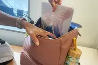 Hands placing a laptop in the MinkeeBlue Nichet Backpack 3.0