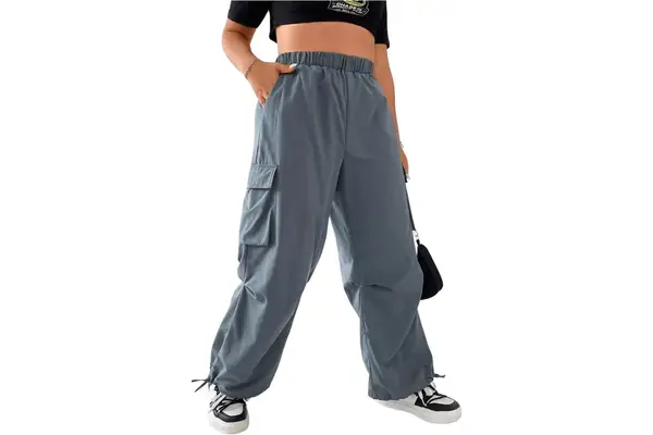 Oyoangle Womens Plus Size Elastic High Waist Flap Pocket Cargo Pants