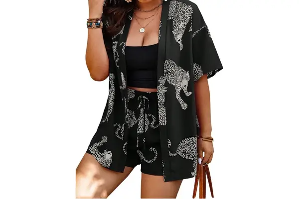 Floerns Womens Plus Size 2 Piece Outfit Tropical Print Kimono Top
