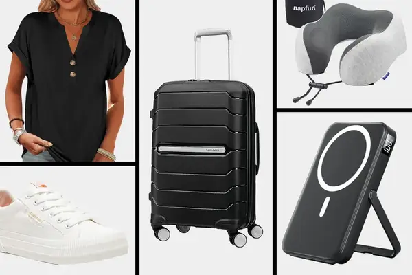 A collage showing travelrelated items including a shirt suitcase neck pillow sneakers and a portable charger