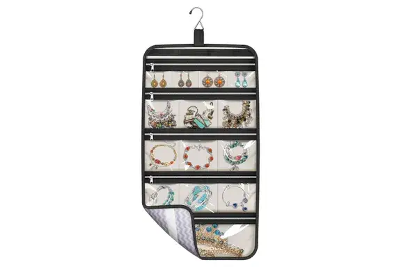 MISSLO Hanging Jewelry Organizer Travel Foldable Jewelry Roll Storage Case with 14 Cotton Zippered Pockets for Traveling, Closet, Suitcase