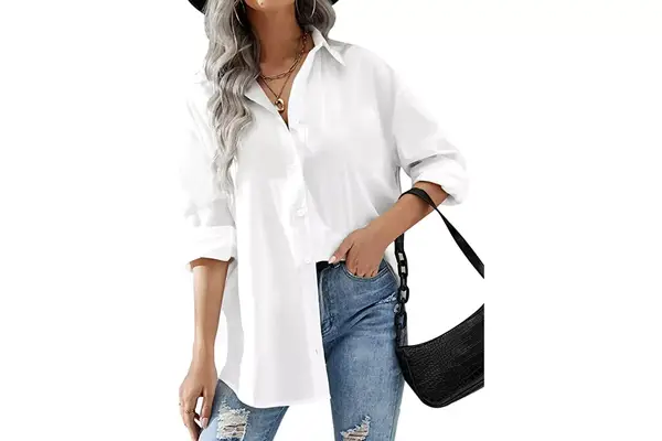 Amazon Hotouch Women Button Down Shirts Office Drop Shoulder Oversized Blouse