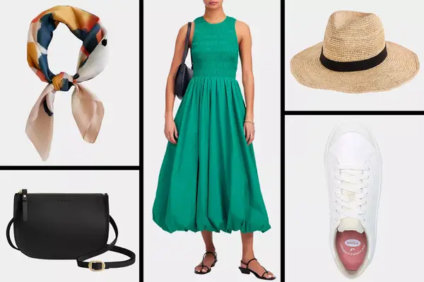 FONYVE Silk Feeling Scarf, The Melody Bubble-Hem Smocked Midi Dress, Wide-brim packable straw hat, Lo & Sons Waverley 2 and Dr. Scholl