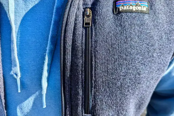 The zipper and branded tag on the Patagonia Men