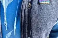 The zipper and branded tag on the Patagonia Men