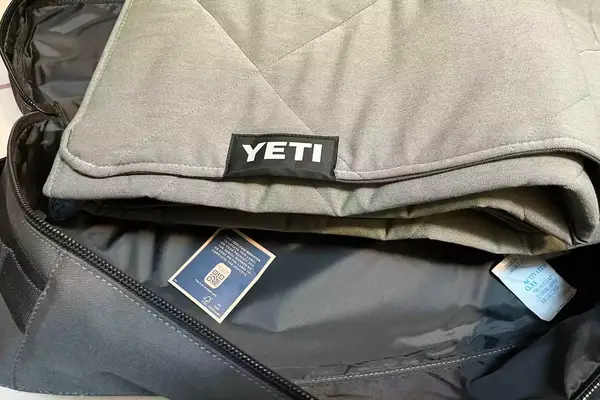 Close-up of the label on a Yeti Lowlands Blanket