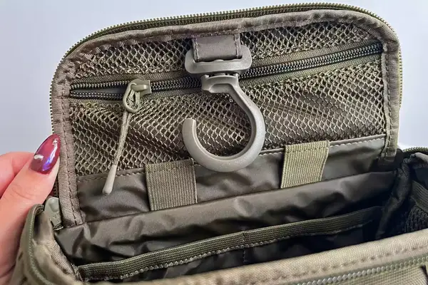 The inside pocket and hook on the Dagne Dover Small Seoul Dopp Kit