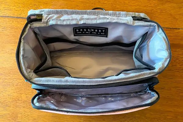 An overhead view of the open BAGSMART Blast 4.5L Hanging Toiletry Bag
