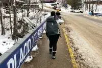 Closeup of legs wearing Stio