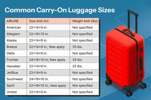 Illustrated chart with carry-on luggage restrictions.