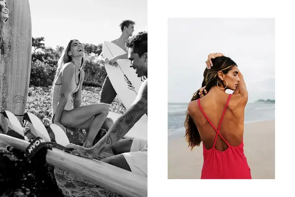 Pair of photos from Costa Rica, one showing a black and white photo of friends with surboards on a beach, and one showing a woman in a red dress