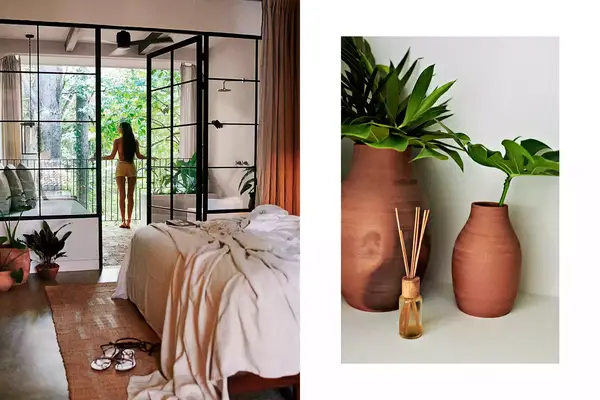 Pair of photos from Sendero hotel in Costa Rica, one showing a hotel room with a balcony and one showing plants in vases