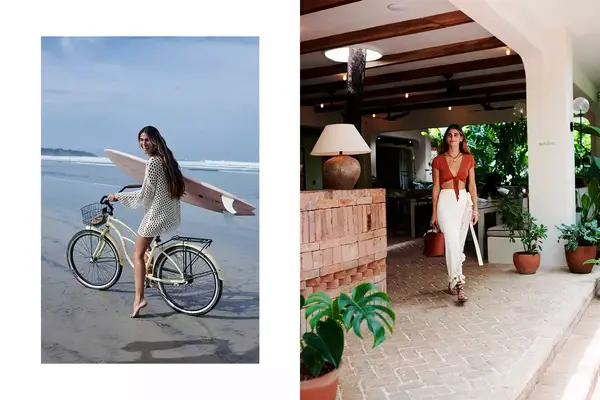Pair of photos, one showing a woman on a bike on the beach with a surfboard, and one showing a woman walking through an open-air hotel lobby