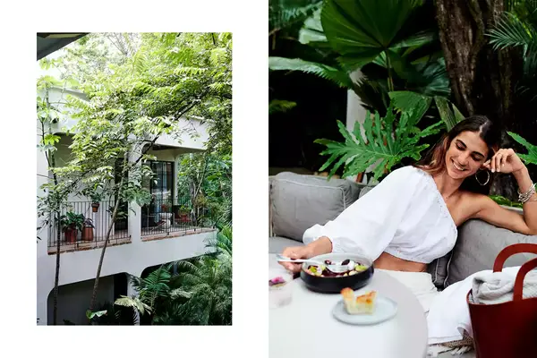Pair of photos from Costa Rica, one showing a hotel balcony and one showing a woman at a hotel restaurant table