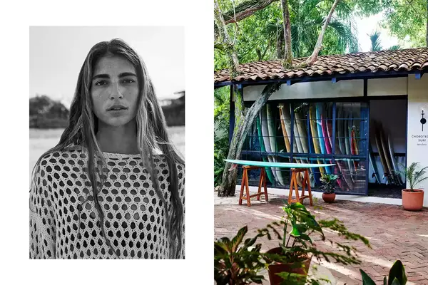 Pair of photos from Costa Rica, one showing a black and white portrait of a woman, and one showing surfboards lined up at a surf school