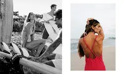 Pair of photos from Costa Rica, one showing a black and white photo of friends with surboards on a beach, and one showing a woman in a red dress