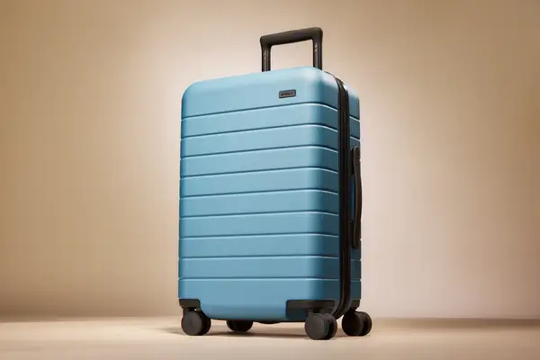 An Away The Carry-On Flex standing upright on four wheels with an extended handle