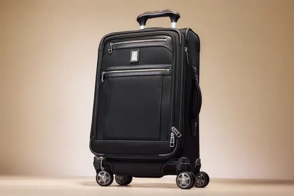 A rolling suitcase with multiple zippered compartments and four wheels
