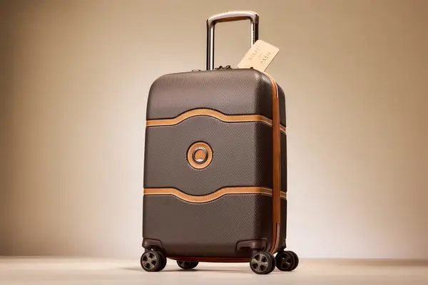 A vertical rolling suitcase with four wheels and a luggage tag