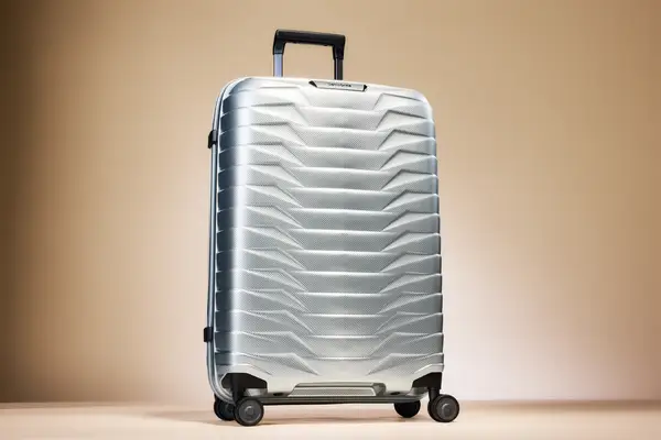 A modern hardshell suitcase with a handle and wheels shown on a neutral background