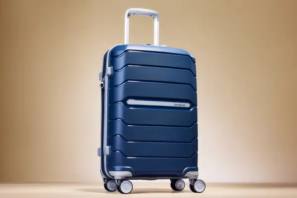 A suitcase with wheels and a handle on a plain background