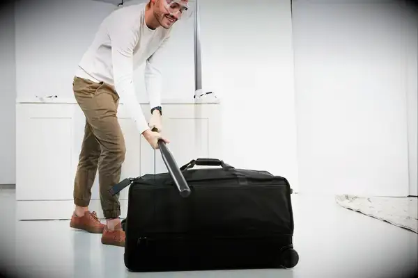 Person hitting a Tumi Alpha 3 Large Split 2-Wheeled Duffel with baseball bat